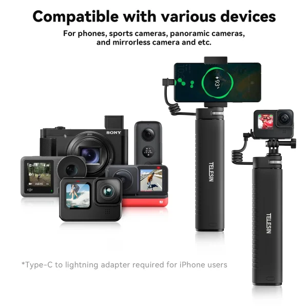 TELESIN Charging Selfie Stick 10000mah Power Bank Universal For Gopro Insta360 DJI Action Sports Camera For Smart Phone 6