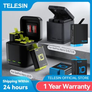 TELESIN Battery for GoPro Hero 10 9 8 7 6 5 3 Ways LED Light Battery Charger TF Card Battery Storage For Hero 5 6 7 8 9 10 Black 1