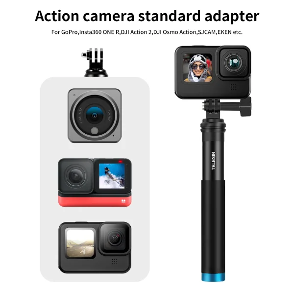 TELESIN Aluminum Alloy Extendable Handheld Selfie Stick Telescoping Pole for GoPro Hero 12 11 10 9 8 7 6 5 Insta360 Osmo Action 2