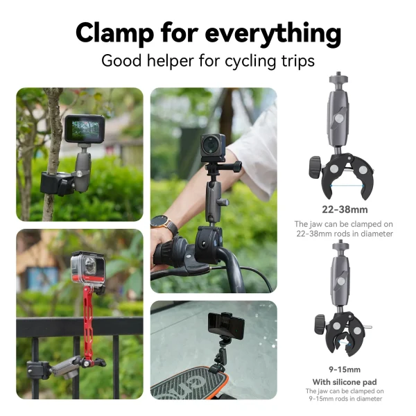 TELESIN Cycling Motorcycle Clip Magic Arm 360° Aluminum Alloy Super Clamp 1/4" Hole For Camera GoPro Mobile Phone Action Camera 2