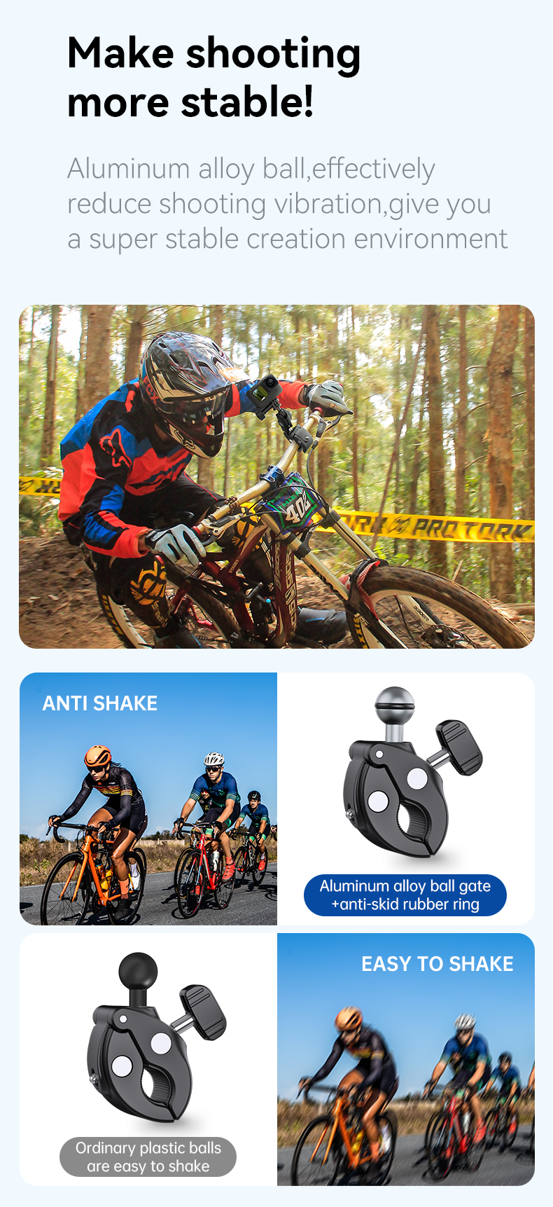 Cycling & Motorcycle Clamp Magic Arm with Aluminum Alloy Ball and Non-Slip Rubber Ring for Sturdy and Stable Shooting