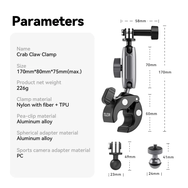 TELESIN Cycling Motorcycle Clip Magic Arm 360° Aluminum Alloy Super Clamp 1/4" Hole For Camera GoPro Mobile Phone Action Camera 6