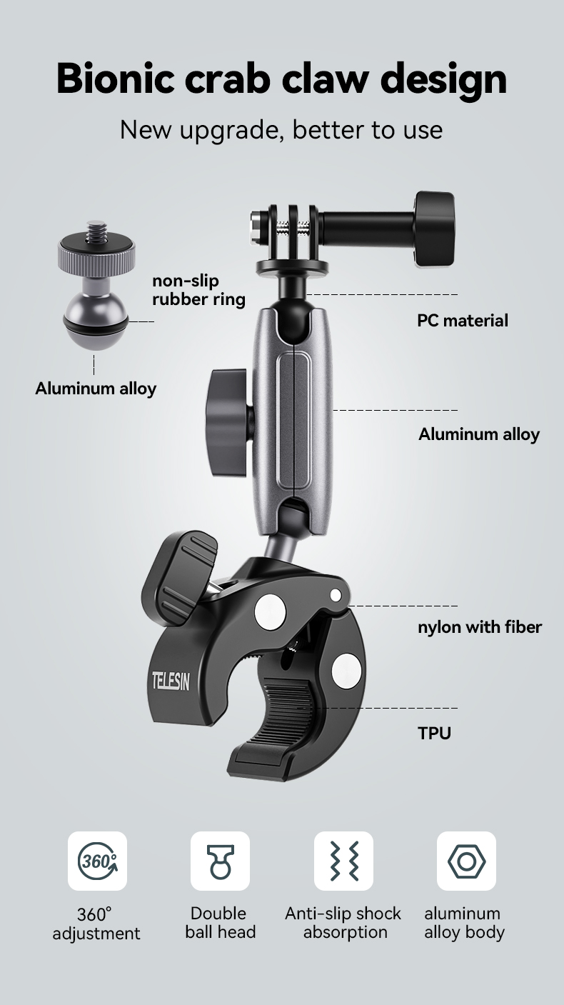 Cycling & Motorcycle Clamp Magic Arm with 1/4'' Screw Aluminum Alloy Adapter and Action Camera Adapter for Universal Compatibility