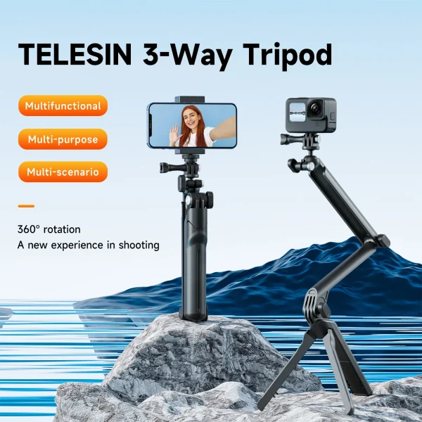 TELESIN 3 ways Selfie Stick with Tripod Hand Grip Pole for GoPro Hero Insta360 DJI Action Smart Phone Action Camera Accessories 2