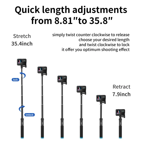 TELESIN Aluminum Alloy Extendable Handheld Selfie Stick Telescoping Pole for GoPro Hero 12 11 10 9 8 7 6 5 Insta360 Osmo Action 3