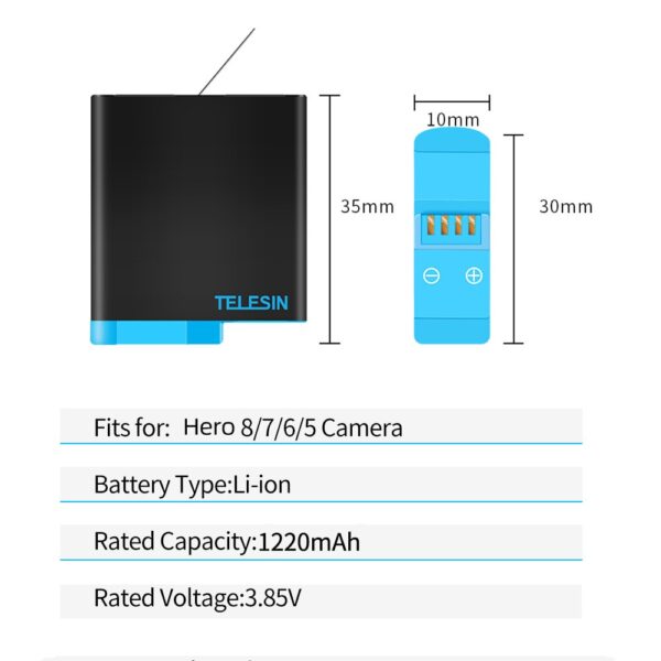 TELESIN 1220mAh 3Pack Battery 3 Slots LED Light Battery Charger Storage Box Type C Cable for GoPro Hero 5 6 7 8 Black Camera 6