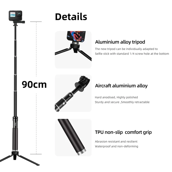 TELESIN Aluminum Alloy Selfie Stick Extendable Handheld Telescope Pole Monopod Tripod Mount for GoPro XiaoYi DJI Osmo Action 2 2