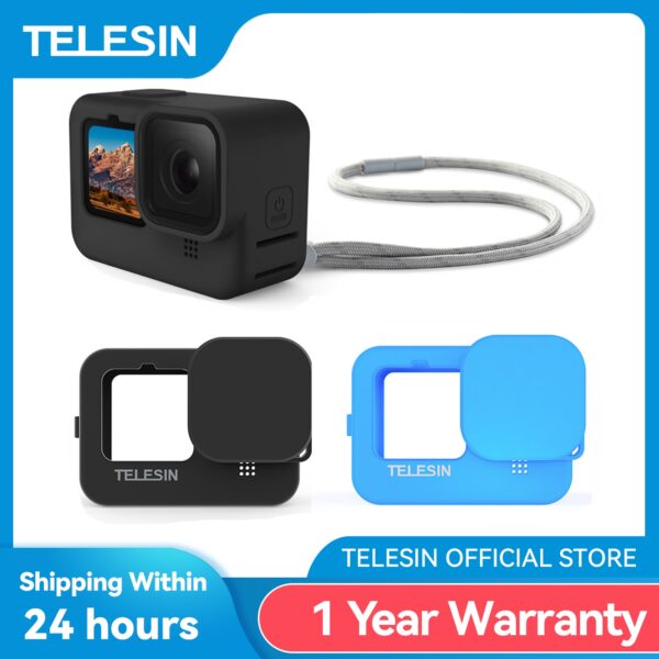 TELESIN Soft Silicone Case For GoPro 9 10 11 12 Lens Cap Blue Black Adjustable Hand Wrist Strap For GoPro Hero Black Accessories 1