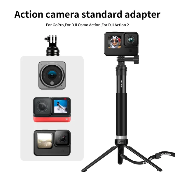 TELESIN For GoPro Selfie Stick Foldable Tripod Phone Holder Aluminum Alloy Monopod for DJI Action Insta360 Smartphone 3