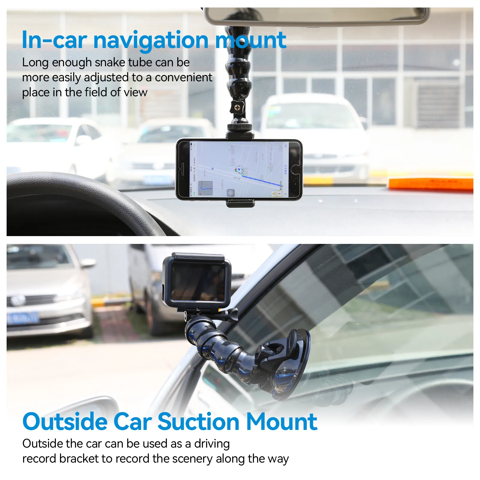 Car Suction Cup Window Mount with Phone Clip and Action Camera Mount