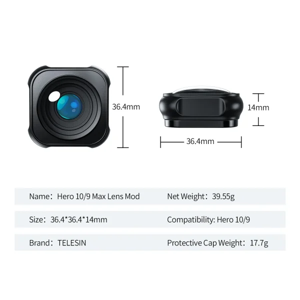 TELESIN Lens Mod for GoPro Hero 9 10 11 Black Anti Shake Aluminum Alloy Water proof Lens Ultra-wide Angle 155 Degree Lens 6