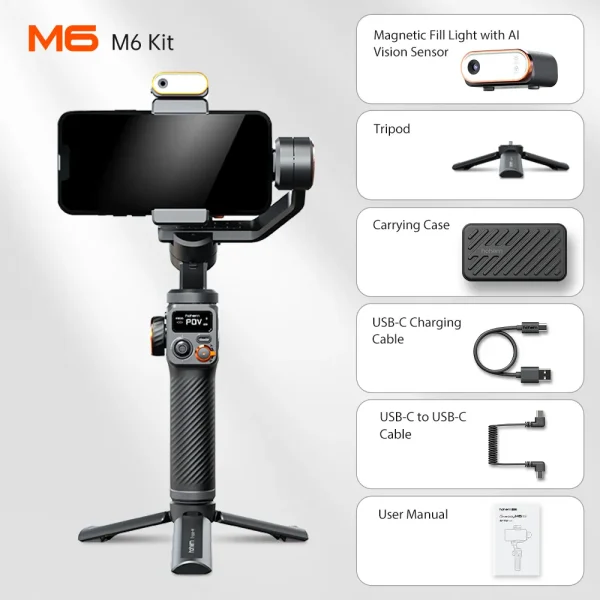 Hohem iSteady M6 Kit Handheld Gimbal Stabilizer Selfie Tripod for Smartphone with AI Magnetic Fill Light Full Color Video Lights 2